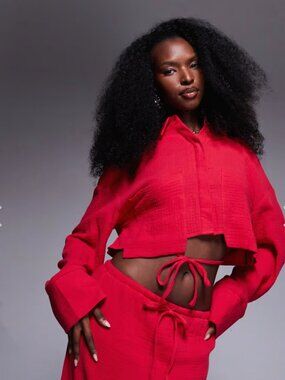 Kaiia Red Cropped Button Up W/ Ties